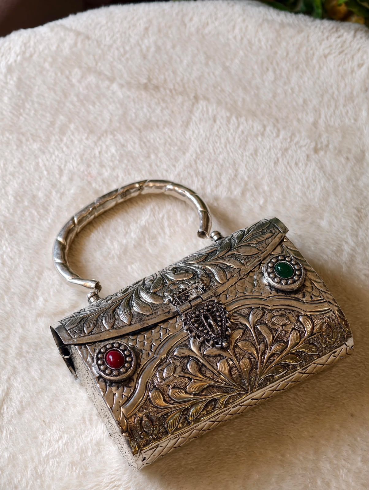 Floral Silver Clutch with Jewelled Clasp