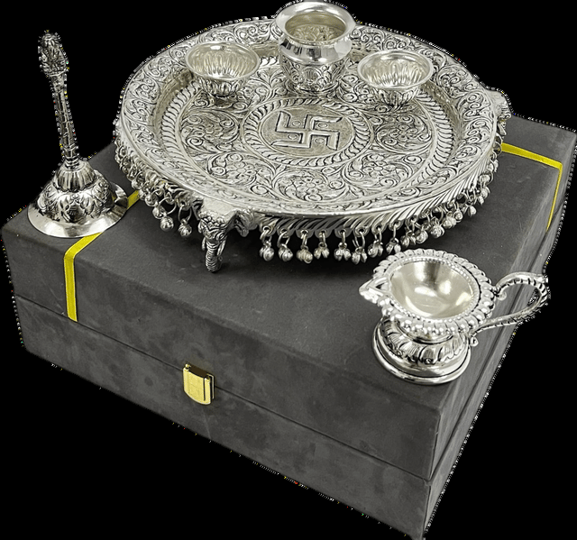 Swastika Embossed Ghungroo Puja Thali Set